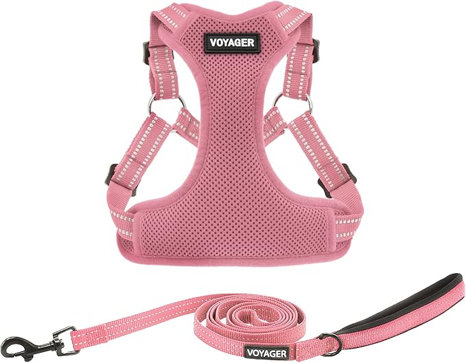 Best Pet Supplies Voyager Mesh Dog Breathable Harness Reflective Stitching, All Weather Adjustable for Walking Training, or Running - Heavy Duty & Durable, Harness Leash Set (Pink), M