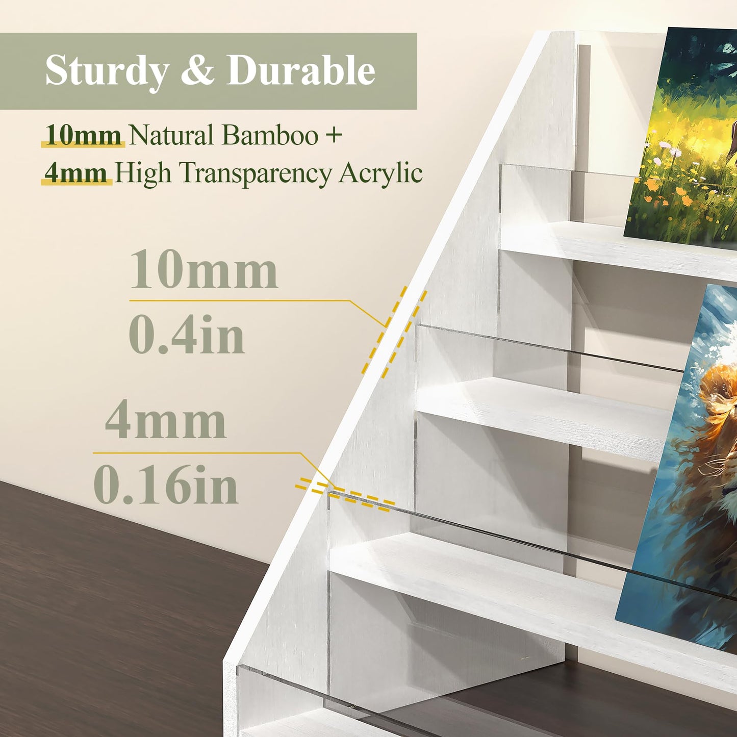 NiHome 4-Tier Bamboo & Acrylic Greeting Card Display Stand for Cards, Photos, Postcards - Stylish Showcase Organizer with High-Transparency Panels for Home, Wedding, Birthday Decor & Keepsakes (White)