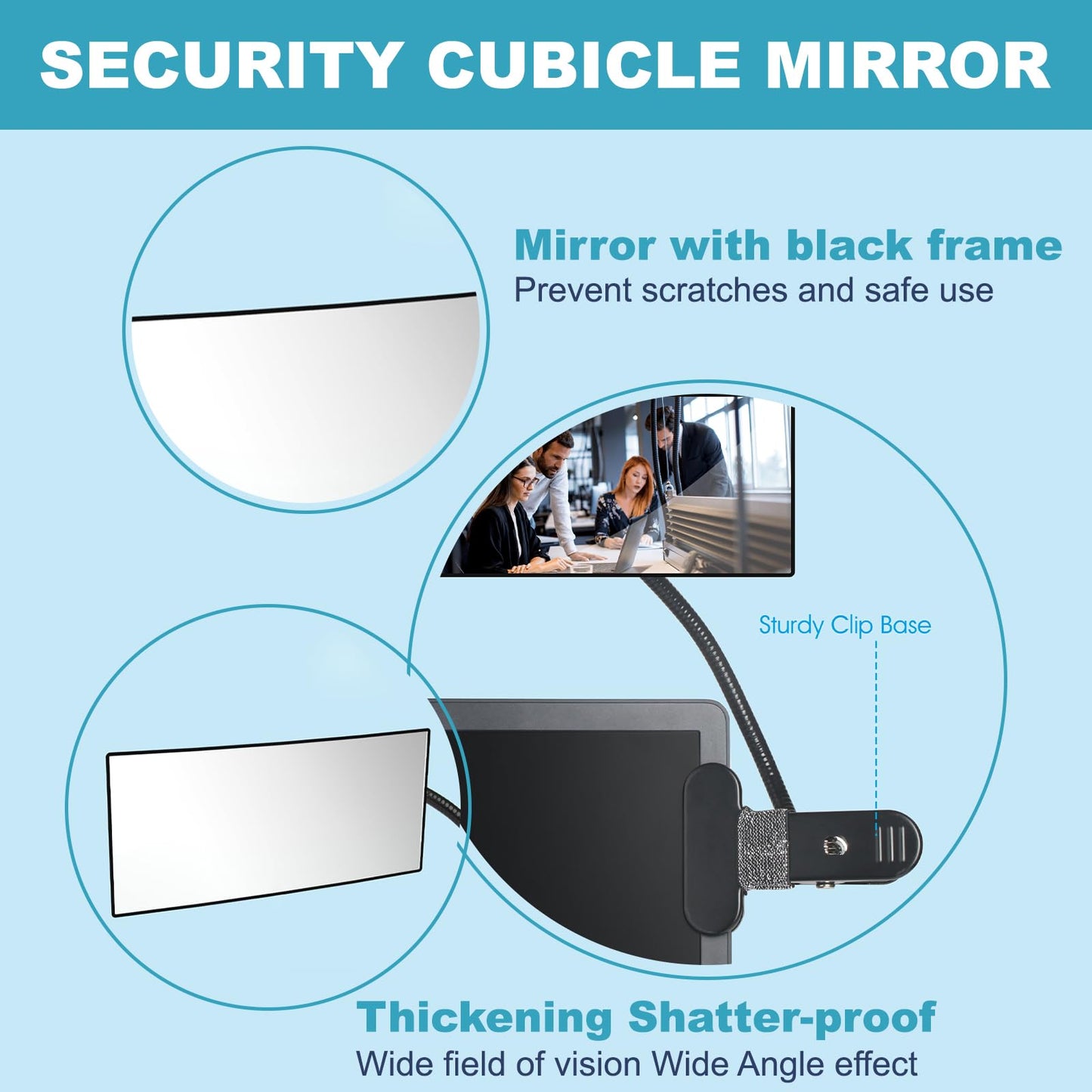 CQNET Clip On Security Cubicle Convex Mirror for Personal Safety, Open Office Environment, Cabinet Computer Desk Rear View Monitors or Anywhere, Adjustable Clip (6.7 X 2.9 Rectangle) (Framed Mirror)