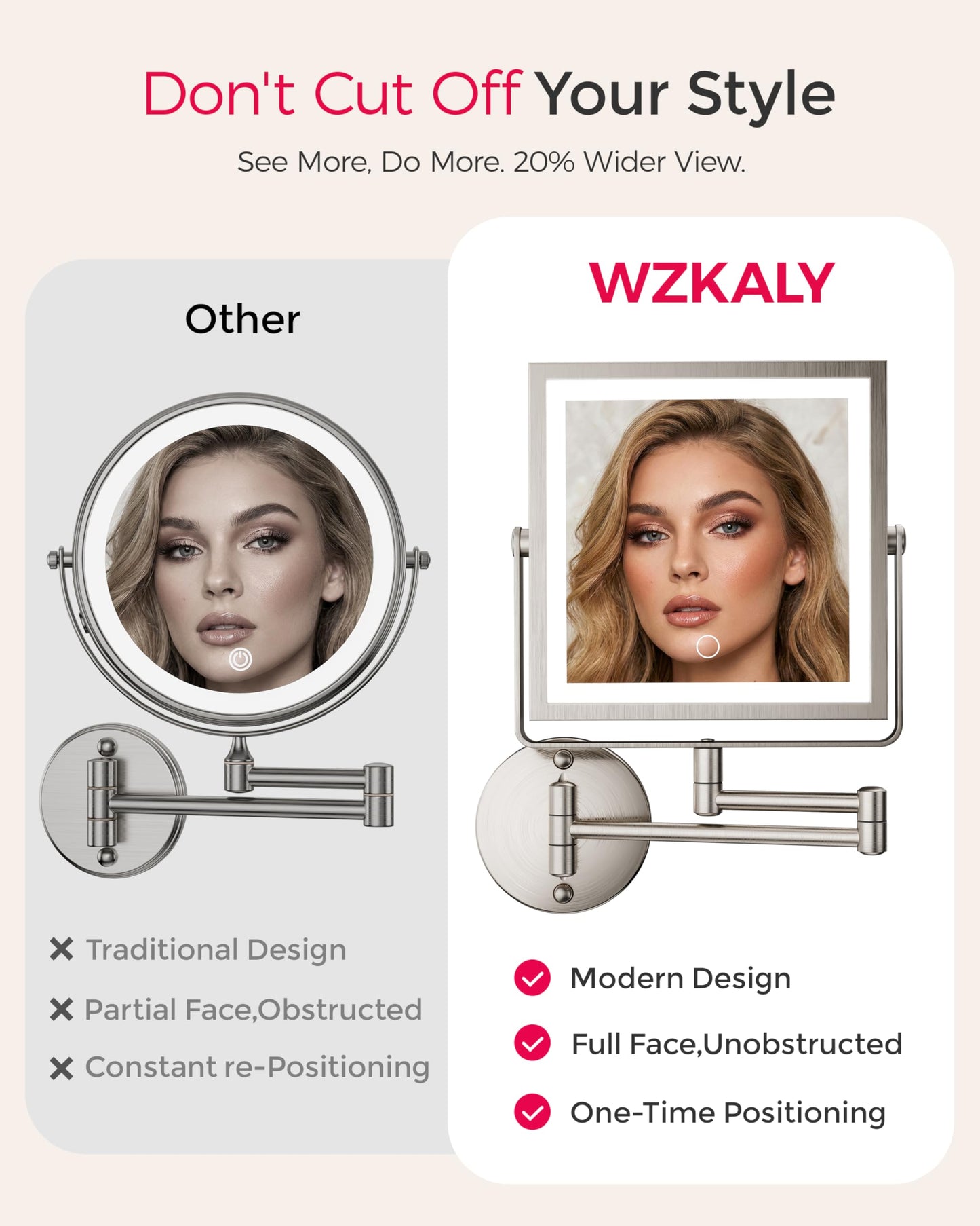 WZKALY Rechargeable Wall Mounted Makeup Mirror with Lights, 4000mAh Double Sided 1X/10X Magnifying Vanity Mirror with 3 Color Lights, Touch Dimmable, 360° Extension Foldable Arm(Brushed Nickel）