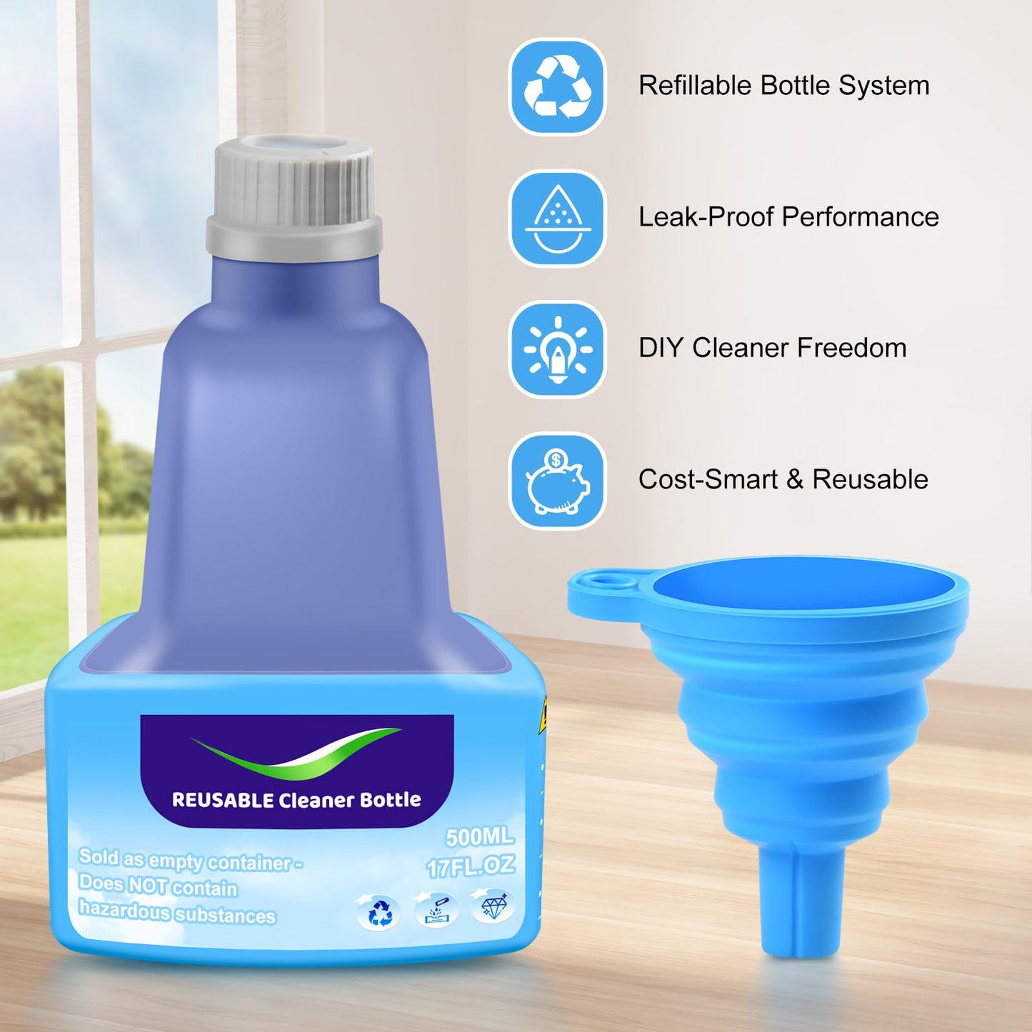 DrFlito Refillable Bottle for Swiffer® Wet Jet™ Mop – 500ml /17 FL OZ, Leak-Proof HDPE Solution Refill Bottle with 18 Silicone Gaskets & 1 Funnel,Easy Install for Use with Any Cleaning Solution