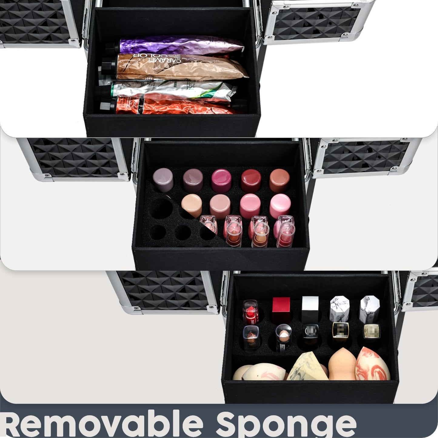Hododou Rolling Makeup Case Cosmetic Travel Trolley Storage Sliding Drawer 4 Tray Makeup Travel Case with Wheels Salon Barber Case Traveling Cart Trunk for Cosmetologist Nail Tech Hairstylist Black