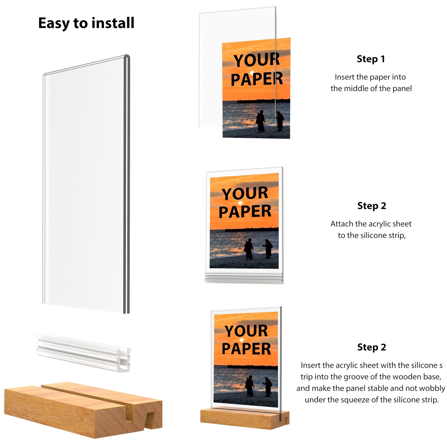 JDEA Acrylic Sign Holder with Wood Base 8.5x11 Inch Vertical and Slant Displays (2 Pack 8.5*11")
