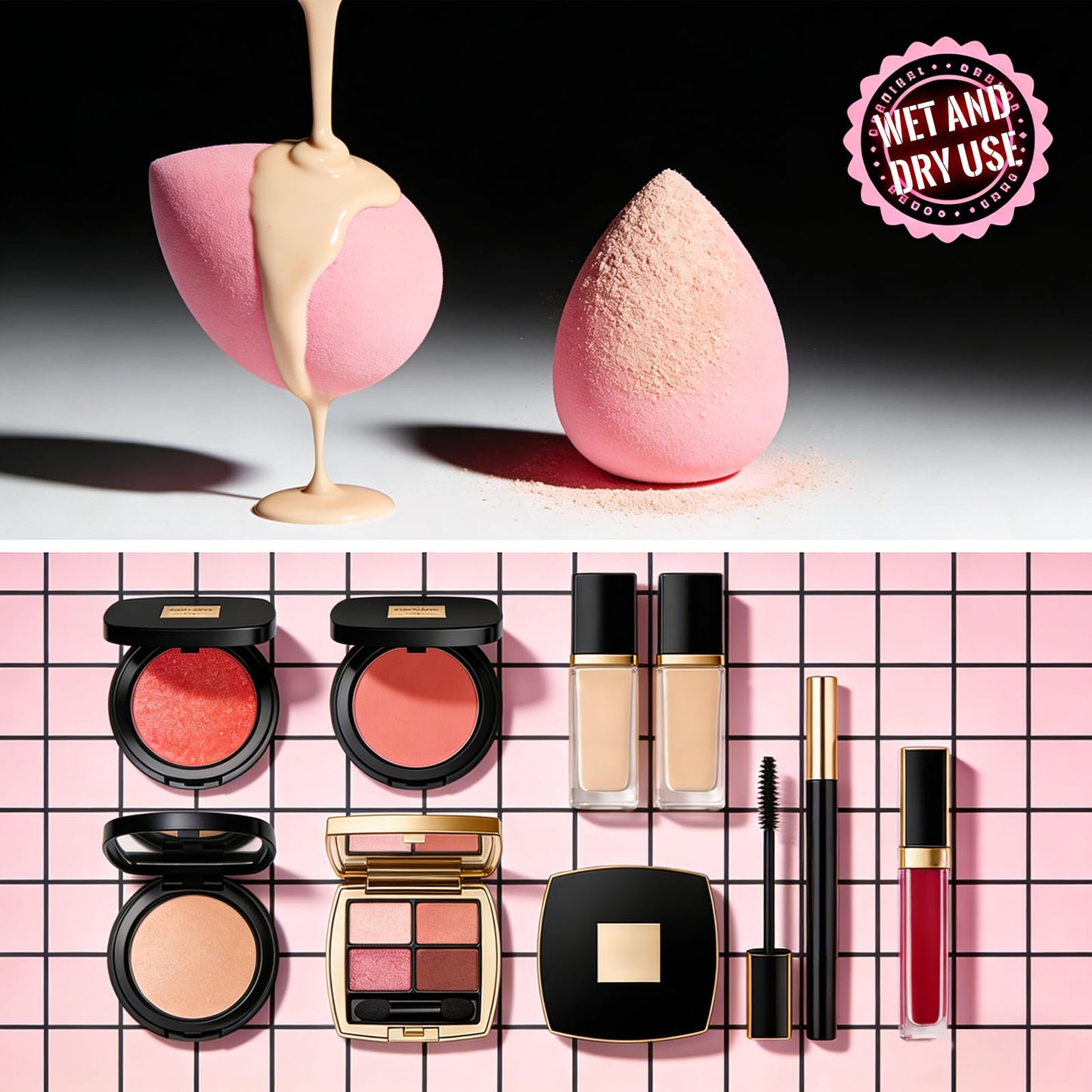 30 Pcs Makeup Sponge Set (15 Pink+15 Black) Individually Wrapped, Latex-Free Soft Low Absorption Sponges, Washable Reusable Wet Dry Use for Flawless Liquid Cream Powder Makeup