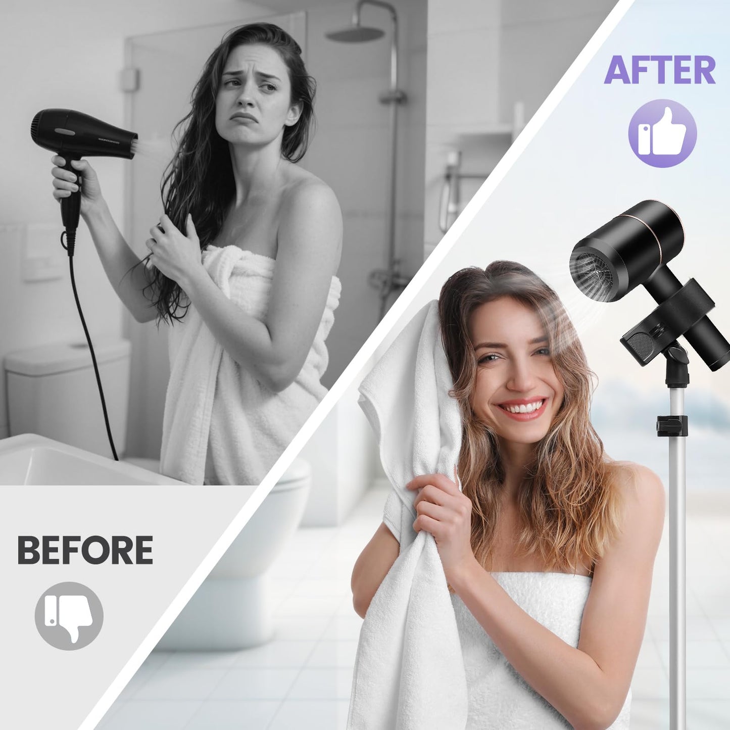 BShome Adjustable Hair Dryer Stand, 29-59 Inch Hair Dryer Holder with Tripod and Universal Clip, 360-Degree Rotating Blow Dryer Stand for Bathroom, Vanity, Makeup Roo, black