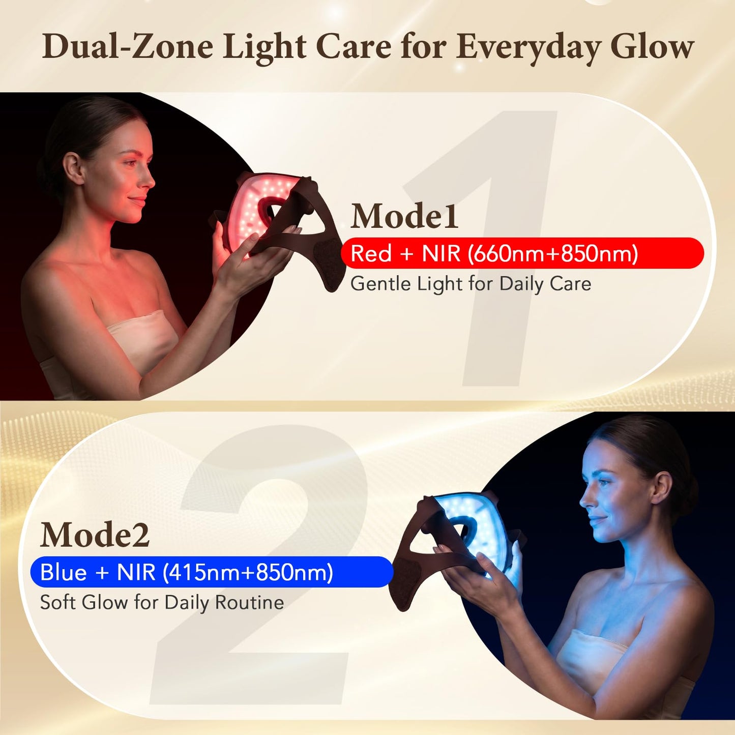 Hottoerak 4D Red Light Mask for Face with Red & Blue Light Modes, Cordless Rechargeable LED Face Mask, Dual Controllers, 10/15 Min Timer for Daily Use