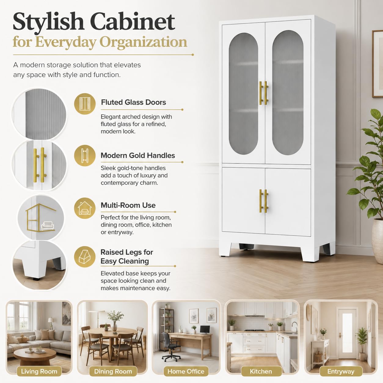 Garvee 74" H Tall Storage Cabinet, Freestanding Pantry Cabinet, Frosted Glass and Fluted Doors, 4 Door Cabinet with Adjustable Shelf, for Kitchen, Bathroom, Dining Room, Living Room, Office, White