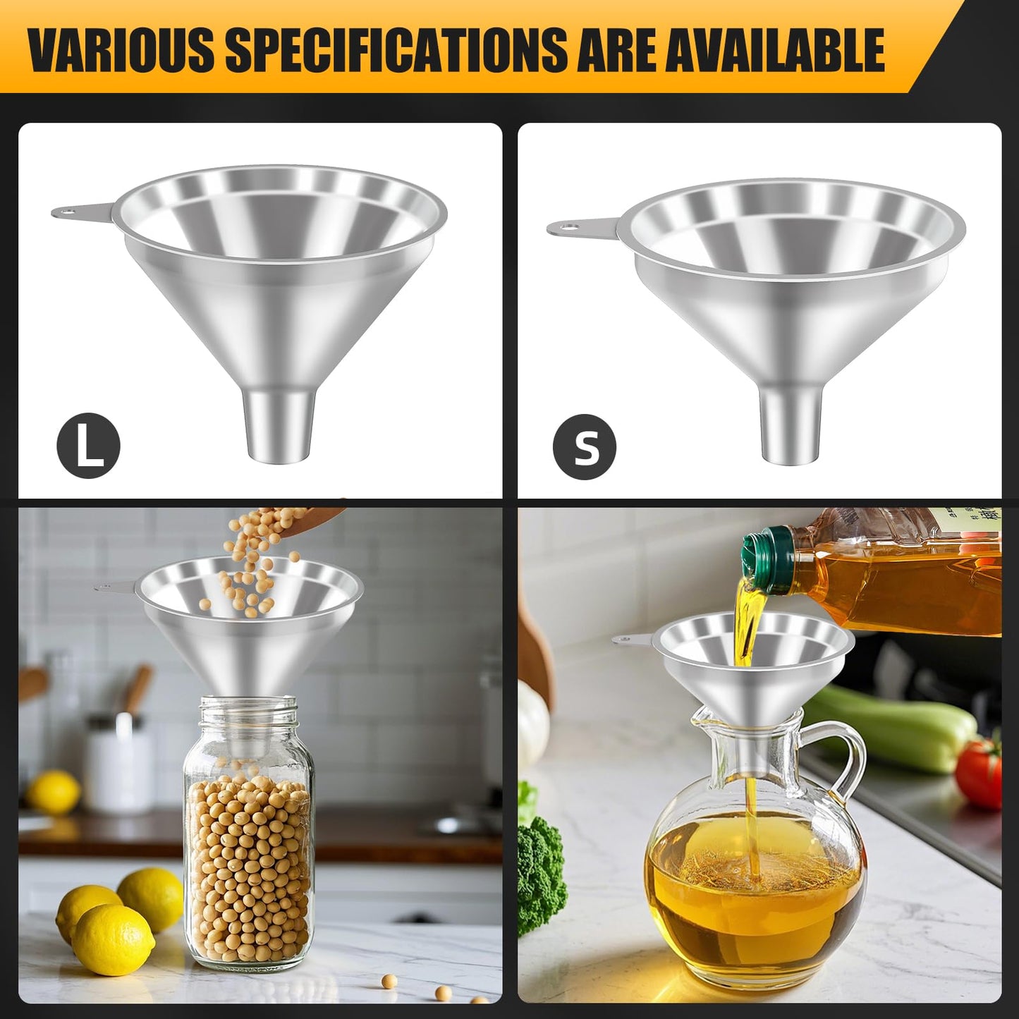 Nomatox 3 Pack Stainless Steel Kitchen Funnel Set,funnels for Kitchen use Filling Bottles, 2 Size Spouts Funnel and Strainer for Filling Different Bottles and Bags