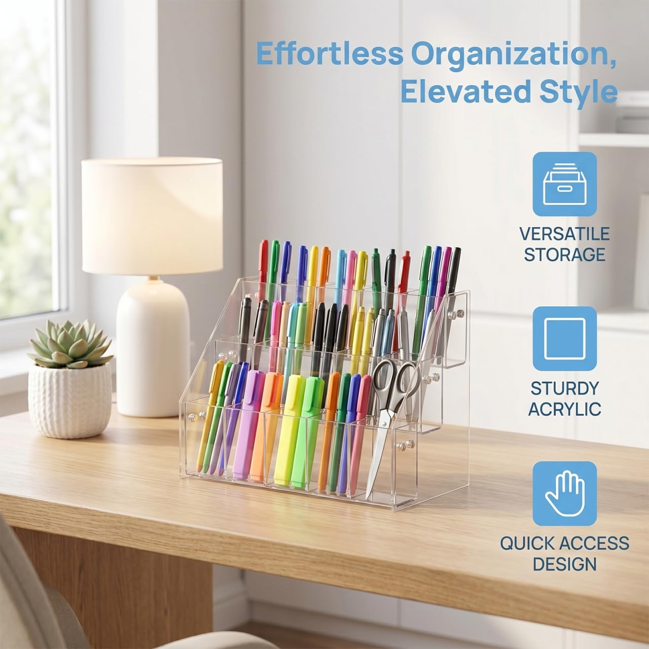 STOBAZA Pen Holder Display Stand 3-Tier Acrylic Marker Organizer with 15 Slots Clear Pencil and Art Supply Storage for Office Desk and School 10.43 X 7.28 X 5.51 Inches
