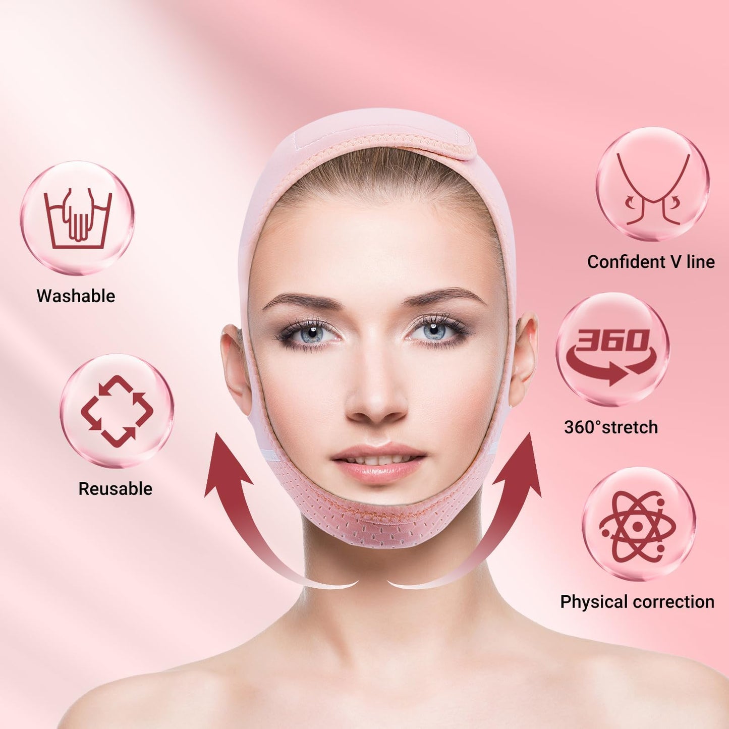 Juskaa Reusable V Line Lifting Mask with Chin Strap for Sleeping,Face Lift Prevent Sagging, Jaw Exerciser,pink,M