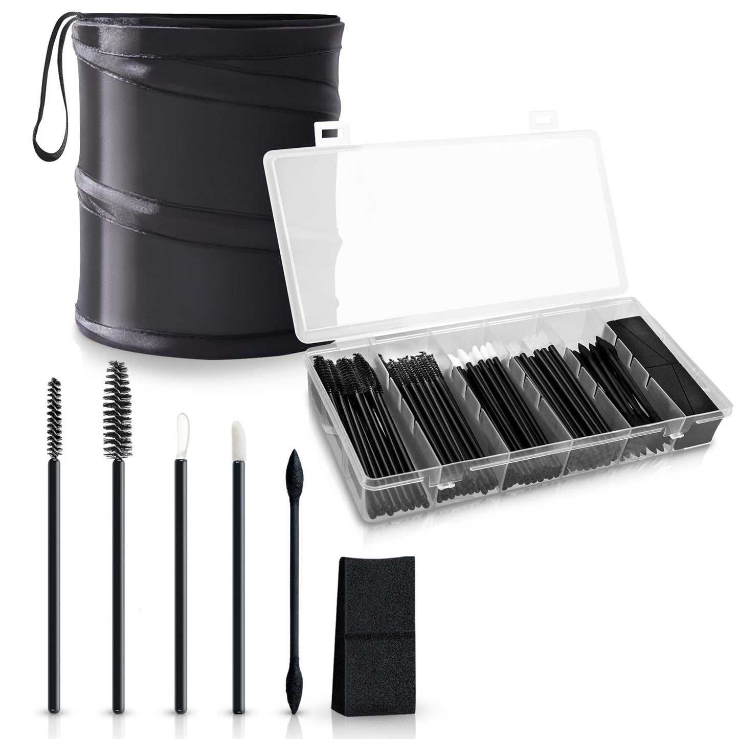 OR KO Disposable Makeup Applicator Kit with Spatulas, Lip Applicators, Eyeliner Brushes, Sponge, Eye Brow & Mascara Brush Includes Portable Collapsible Trash Bin Ideal for Makeup Artist