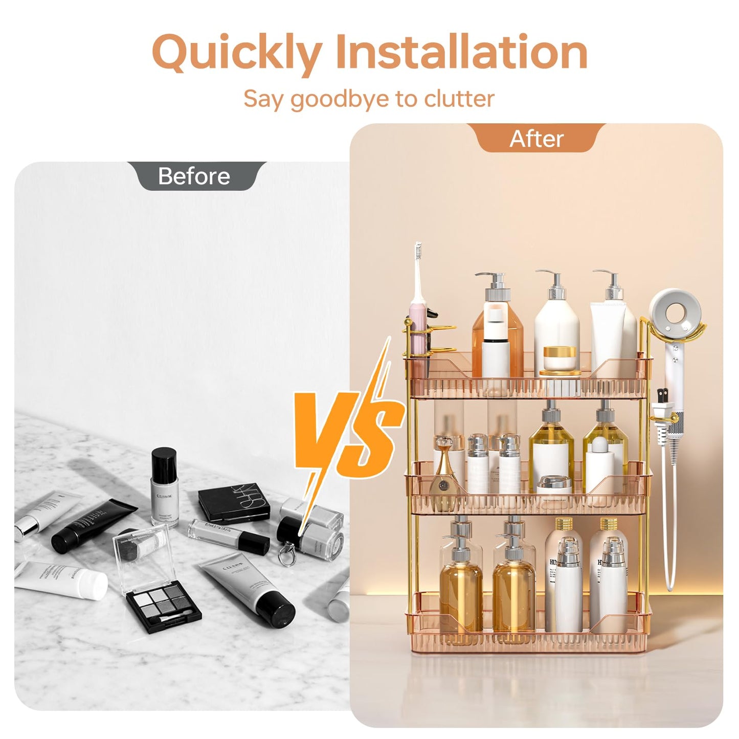 ZZWILLB 3-Tier Bathroom Countertop Organizer - Amber Acrylic Vanity Trays with Hair Dryer & Toothbrush Holder - Luxury Skincare, Perfume & Makeup Storage Rack for Countertop, Dresser & Cabinet