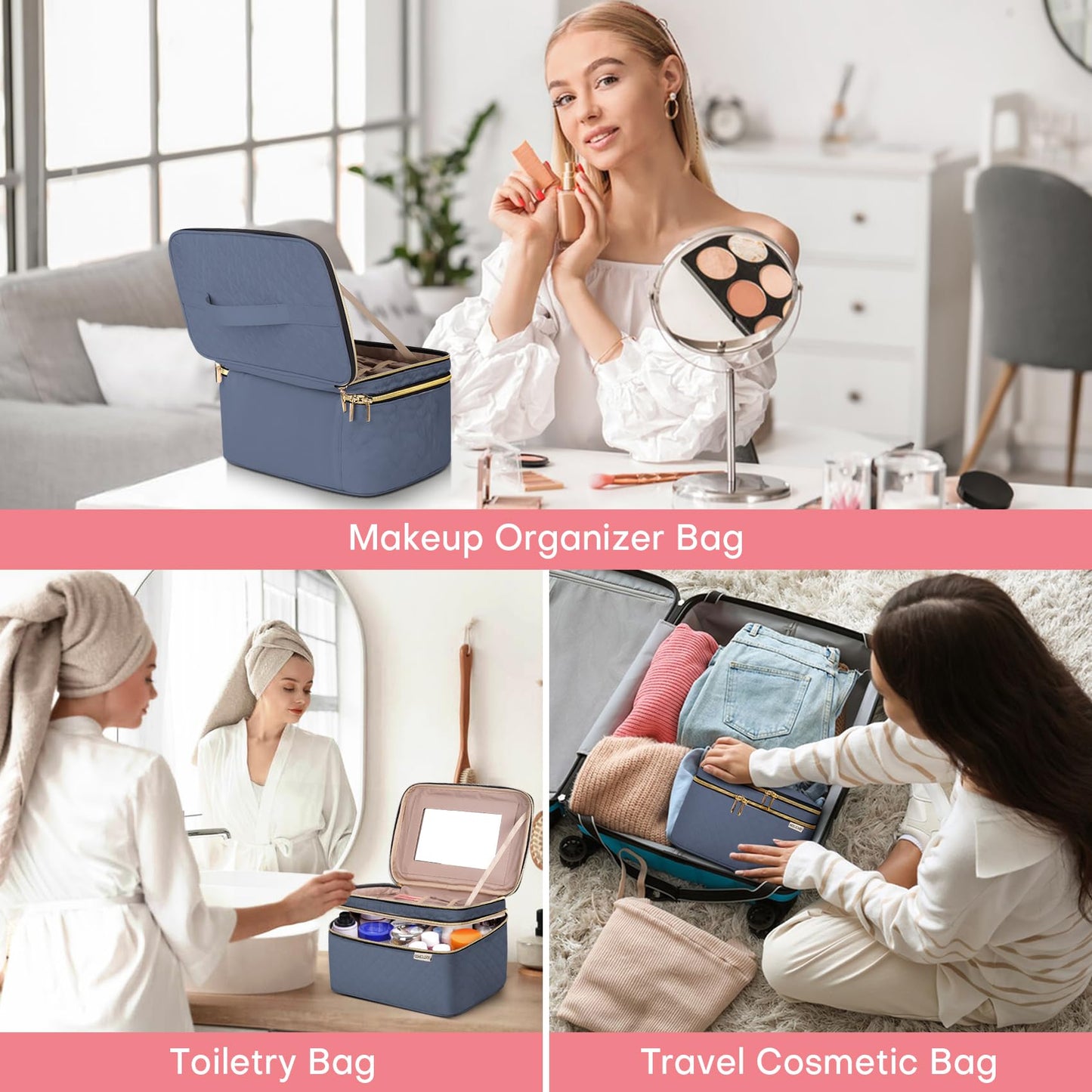 HXLGMD Large Makeup Bag with Mirror Double Layer Travel Make Up Organizer Case, Large Capacity Coemetic with Brush Slot Divider, Travel Toiletry Bag for Women (Aegean Blue)