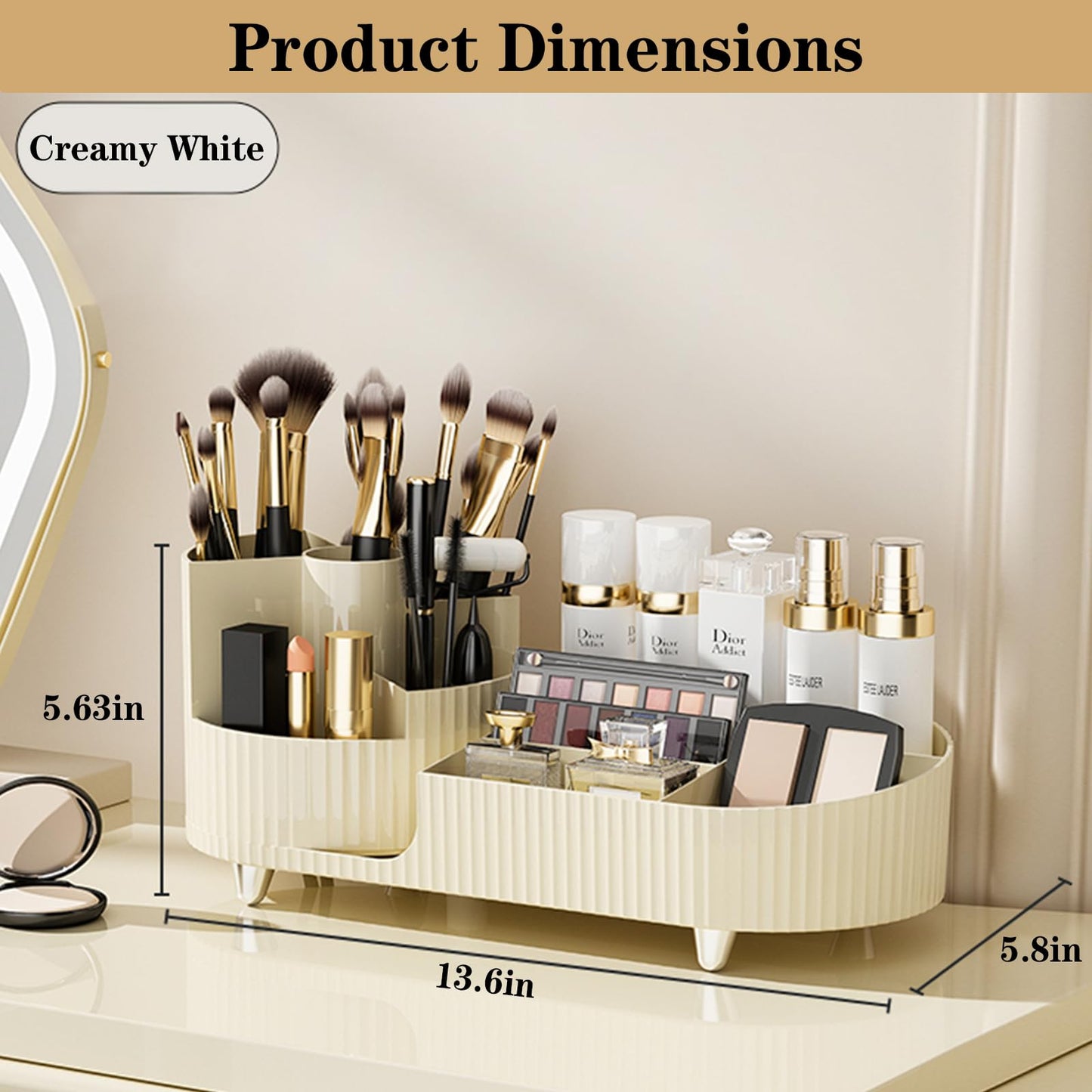Rotating Makeup Organizer for Vanity with Brush Holder, Cosmetic Makeup Storage Organizer, Large Spinning Makeup Skincare Organizer, Countertop Makeup Perfume Organizer, Lotions Display Case Ivory
