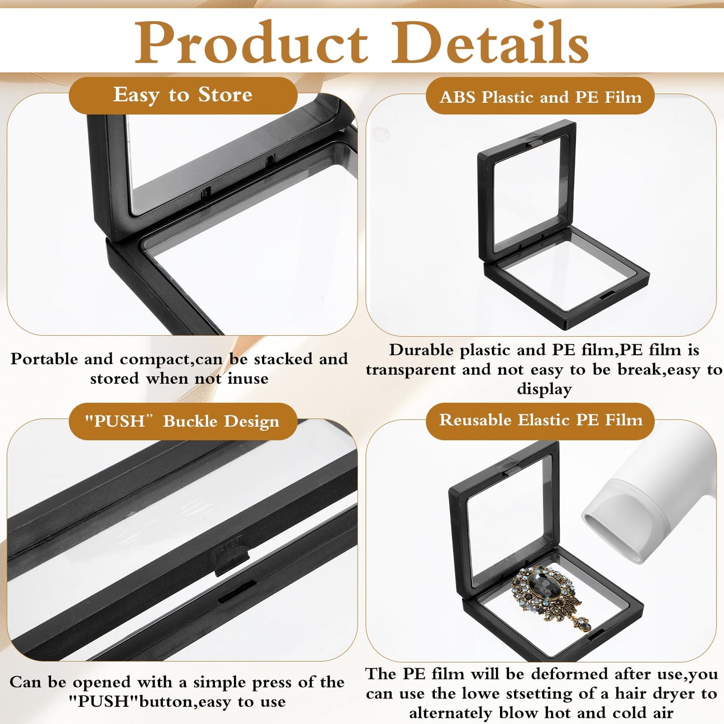 kenaeooe 30 Pcs Plastic 3D Floating Display Case, Transparent PE Frame Holder Stand With Base for Challenge Coins, Jewelry, Medallions and Specimens, Black