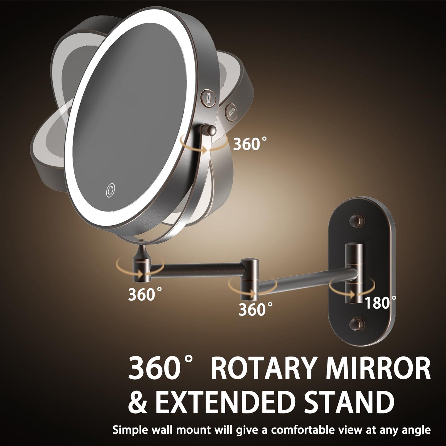 MIROAMZ Rechargeable Wall Mounted Lighted Makeup Vanity Mirror 8 Inch Double Sided 1X 10X Magnifying Bathroom Mirror, 3 Color Lighting, Touch Screen Dimming, 360 Rotation Oil Rubbed Bronze