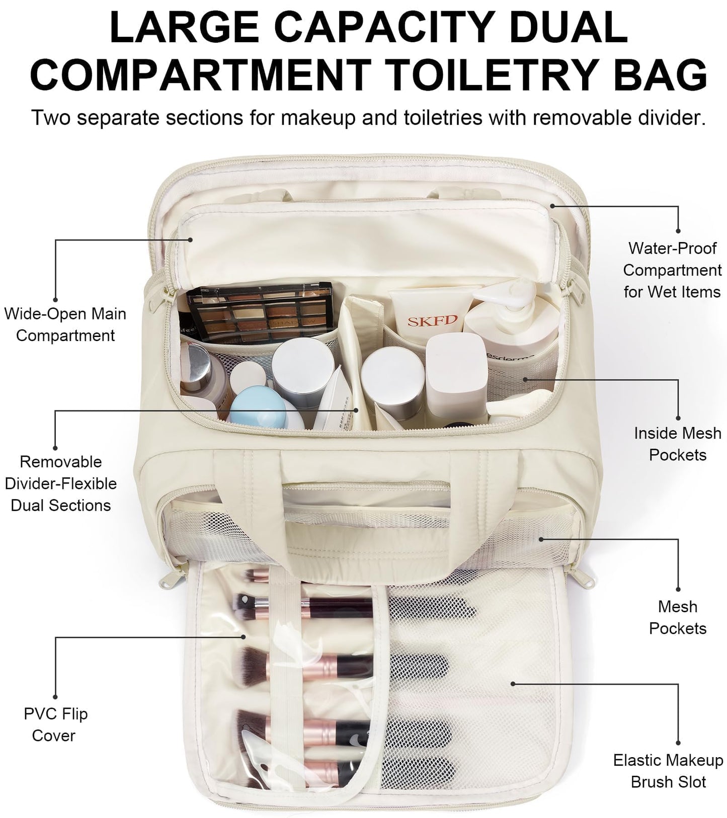 Bagstellar Travel Toiletry Bag for Women, Lightweight Large Quilted Puffy Makeup Bag Wide-open Make up Organizer Cloud Cosmetic Bag w/Handle for Traveling Toiletries, Essentials, Accessories, Beige