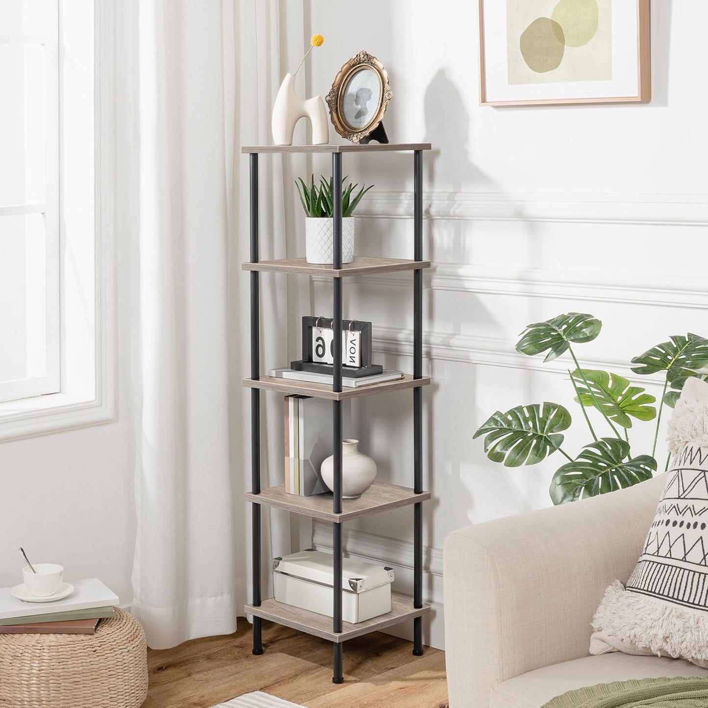 HOOBRO 5-Tier Corner Shelf Stand, Corner Square Rack Display Shelf, Tall Storage Rack Plant Stand, Bookcase for Small Spaces, Living Room, Home Office, Kitchen, Greige and Black BG50CJ01