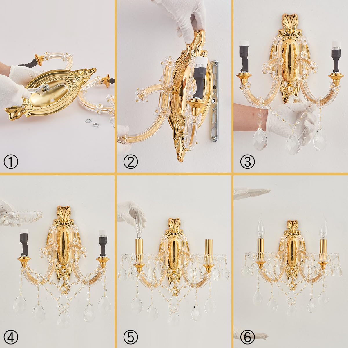 YLONG-ZS Gold Traditional Crystal Wall Sconce, 2-Light Candle Style Vanity Lamp, Ornate Metal Frame with Glass Trim Strips, Hardwired Vintage Fixture for Bathroom Bedroom, E12 Base