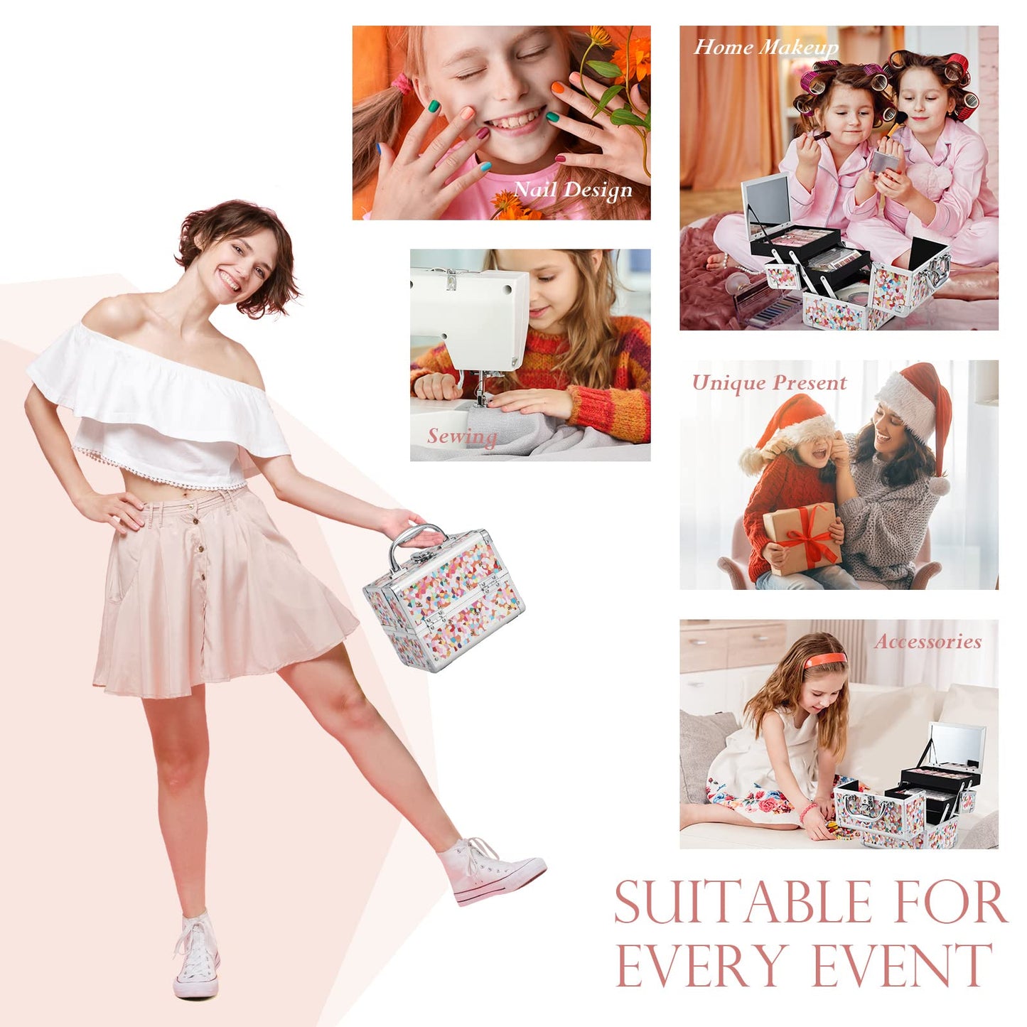 Joligrace Makeup Train Case for Girls Cosmetic Box Kids Jewelry Organizer Hair Accessories Mosaic Orange
