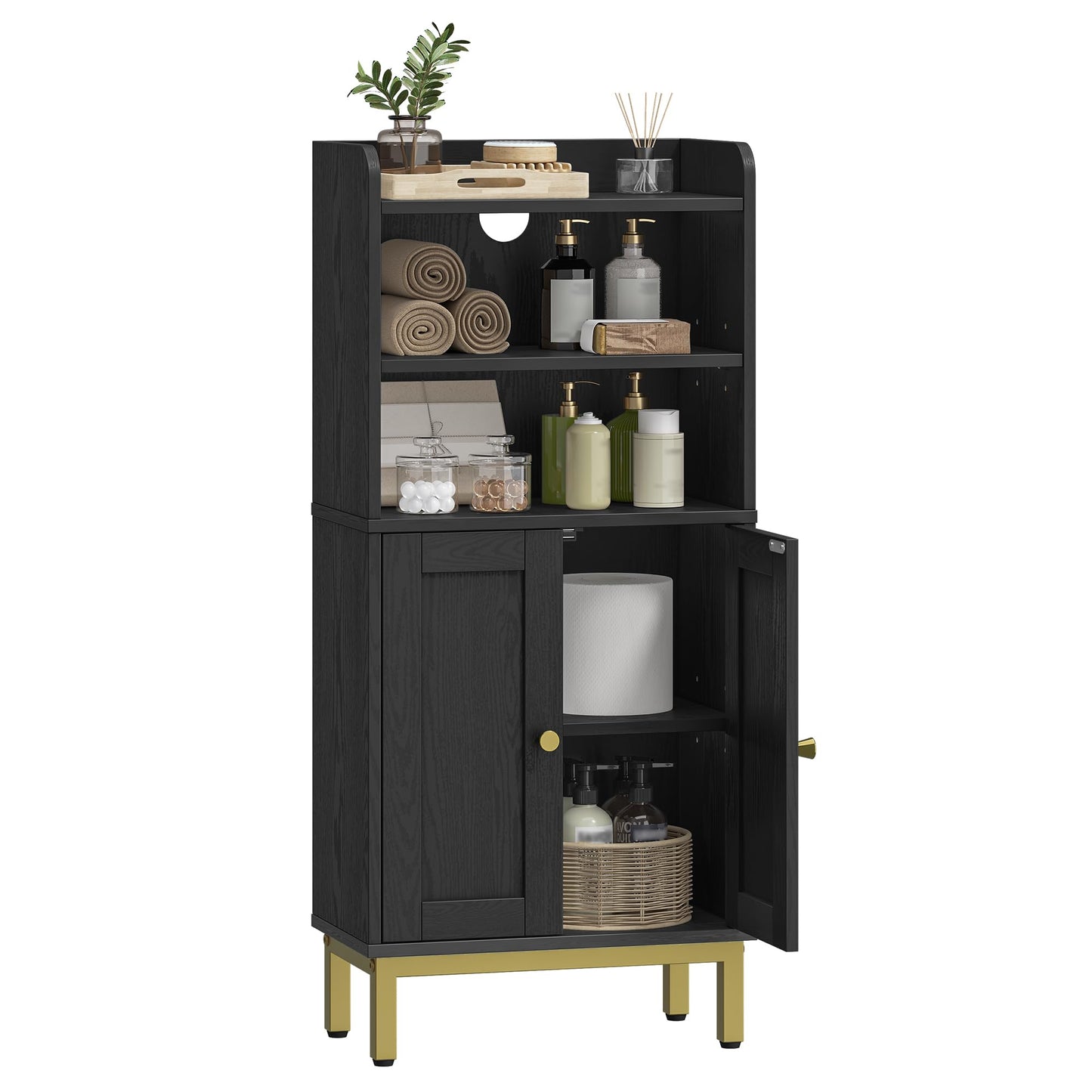 Hzuaneri Bathroom Storage Cabinet, Small Floor Cabinet with 2 Door and Shelves, Toilet Paper Cabinets, Bathroom Organizer with Adjustable Shelf, for Small Spaces Black,Square Door,7.1" Dx14.6 Wx32.7 H