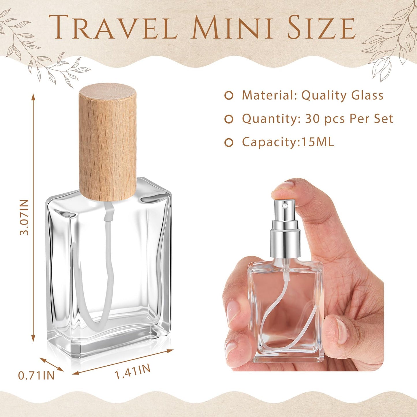 Domensi 30 Pcs 10/15/30/50 ml Glass Square Perfume Bottles Mini Glass Empty Spray Atomizer Bottles Bulk Refillable Perfume Dispenser Container with Pump Tool for Travel (15 ml,Light Woddy Color)