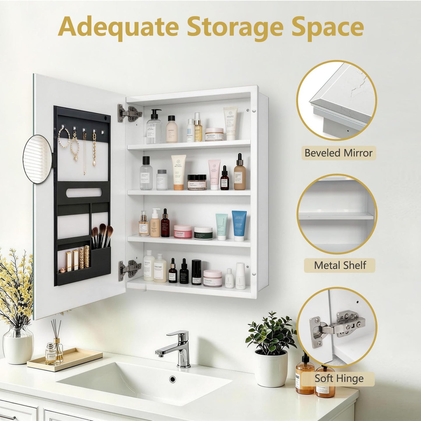 FUMANGO 22"x30" Medicine Cabinet,Bathromm Mirror Cabinet with 2X Magnifying Mirror,Soft Closing Hinge,A Mirror Cabinet with a Bevel,Recessed or Surface Mount,White