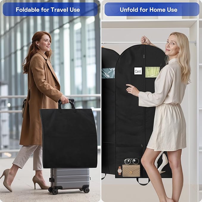 2 Pack Heavy Duty Garment Bags for Travel Suit Bags, Dress Bags, Garment Bags for Hanging Clothes with Pockets Men's Suit Holder for Shirts, Coats, Dresses (Black, 2Pack 60")