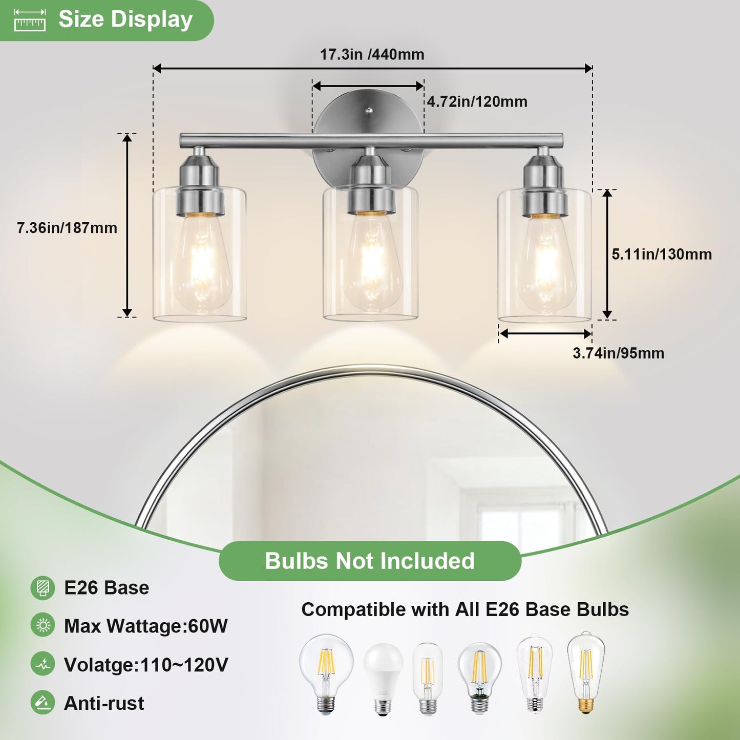 Percantis 3-Light Bathroom Vanity Light Fixture, Modern Wall Lamp for Mirror with Clear Glass Shade, Silver Finish