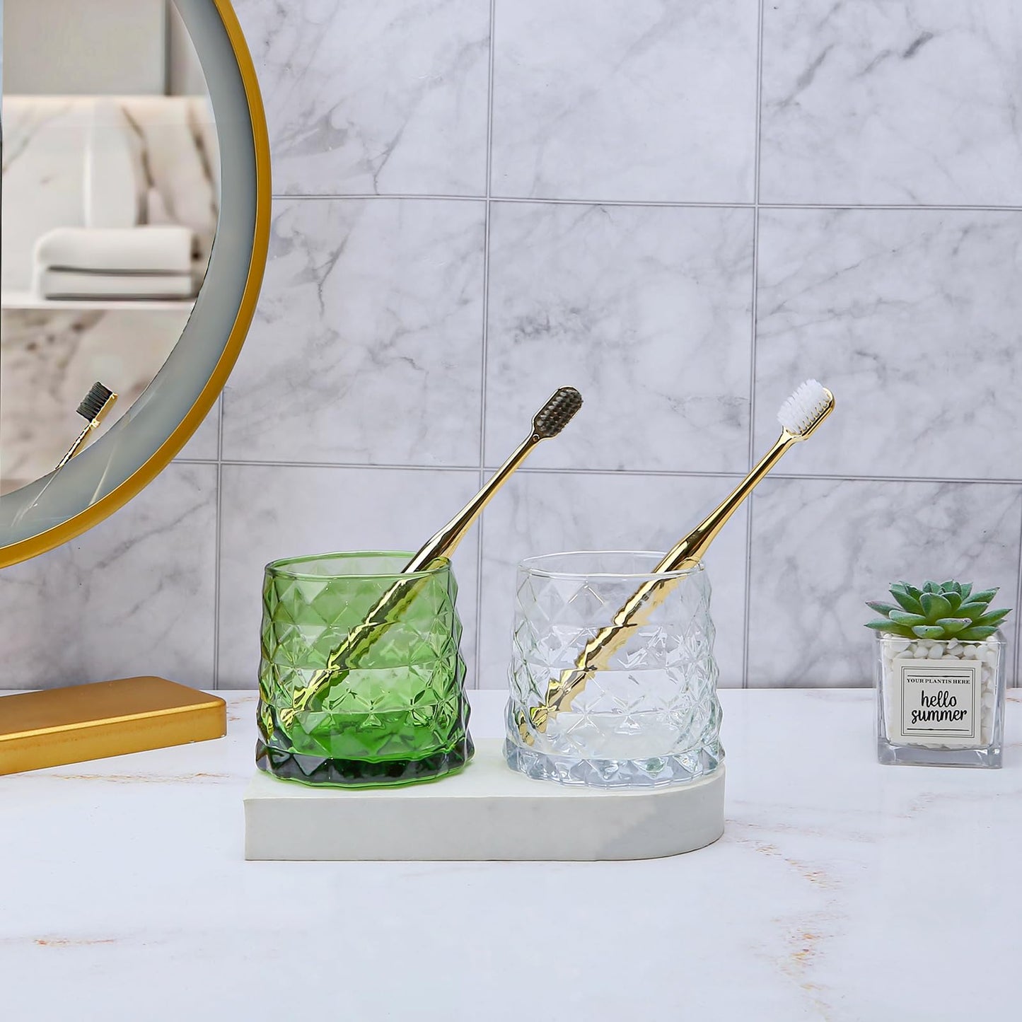 DASITON Glass Makeup Brush Holder Organizer, Diamond Pattern Cosmetic Storage Cup, Makeup Organizer for Vanity, Bathroom Countertop Toothbrush Holder, Desk Pen Pencil Holder (Iridescent)