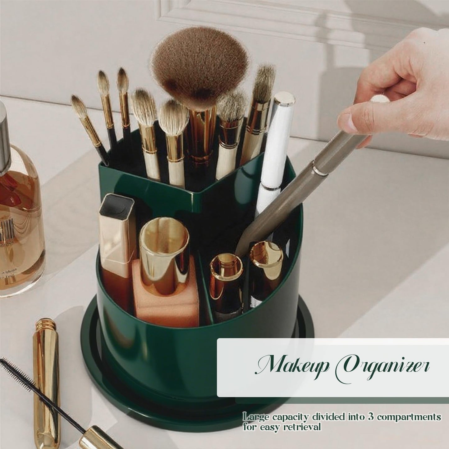 Birdcage Shape Makeup Brush Holder with Vertical Striped Cover, 360° Rotating Dust-Proof Organizer, Large Capacity Cosmetic & Toothbrush Storage for Vanity, Bathroom Countertop (Transparent Green)