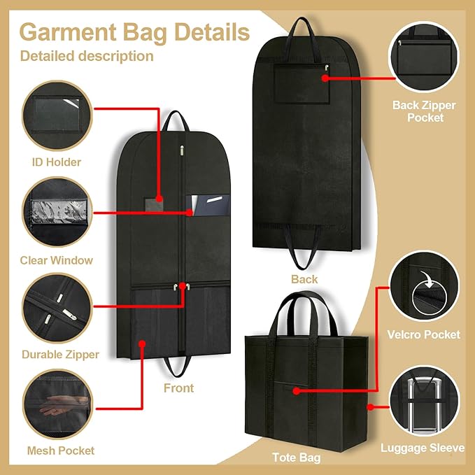 Large Heavy Duty Clothing Storage and Travel Garment Bag, Hanging Clothes Protector with Breathable Zippered Closet Organizer, Perfect for Suits Dresses Moving and Black Fabric Design