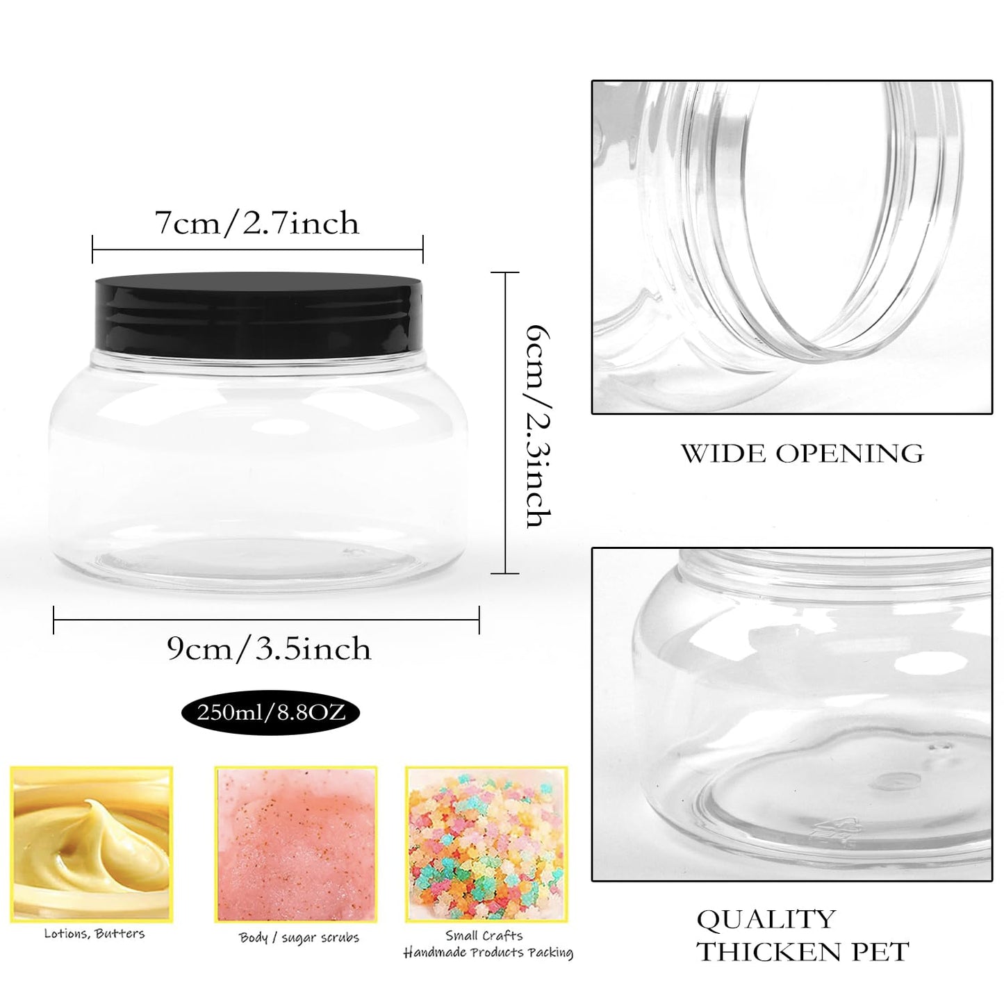 8 oz Clear Plastic Jars with Lids - BPA Free PET Food-Grade Containers - Perfect for Cosmetics, Storage, Crafts, Slime - Wide Mouth, Screw Top, Set of 12 - Mason Style, Easy-to-Clean, Leakproof