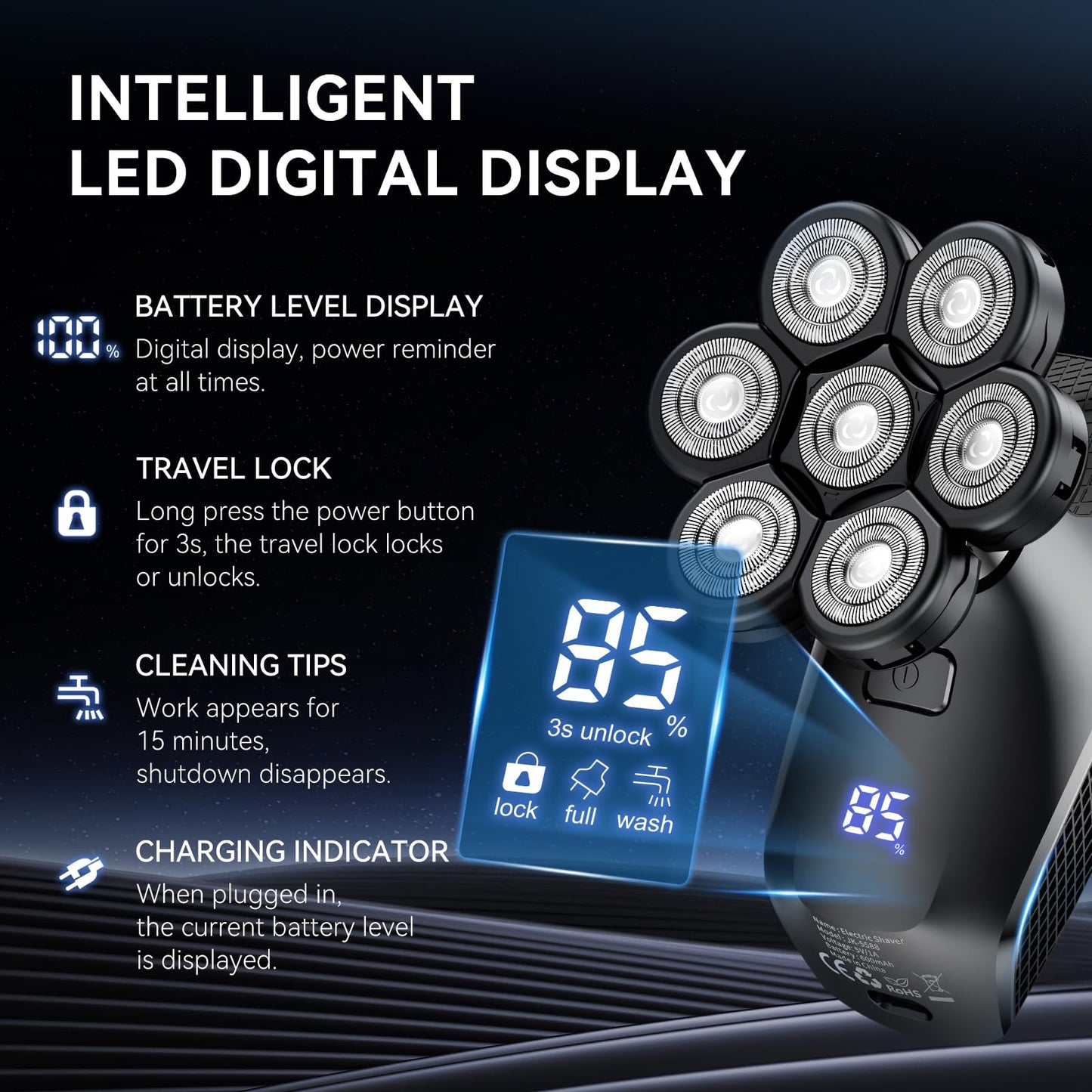 kensen 7D Head Shavers for Bald Men - 5 in 1 Bald Head Shavers for Men with Travel Case, 9200RPM Bald Head Razor with Nose Hair Trimmer Beard Trimmer Cordless IPX6 Waterproof Wet Dry Use LED Display