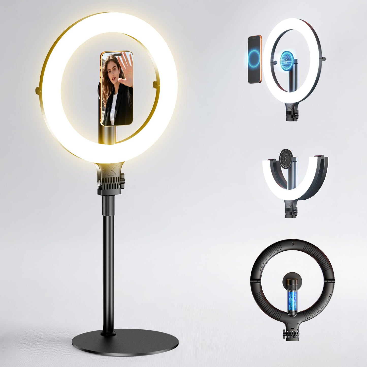 NiceVeedi 10.2” Magnetic Desk Ring Light with Stand, 5000mAh Rechargeable Desktop Ring Light for Phone，3 Color Foldable Selfie Light for Live Stream/Makeup/TikTok/YouTube/Photography/Zoom/Vlogging