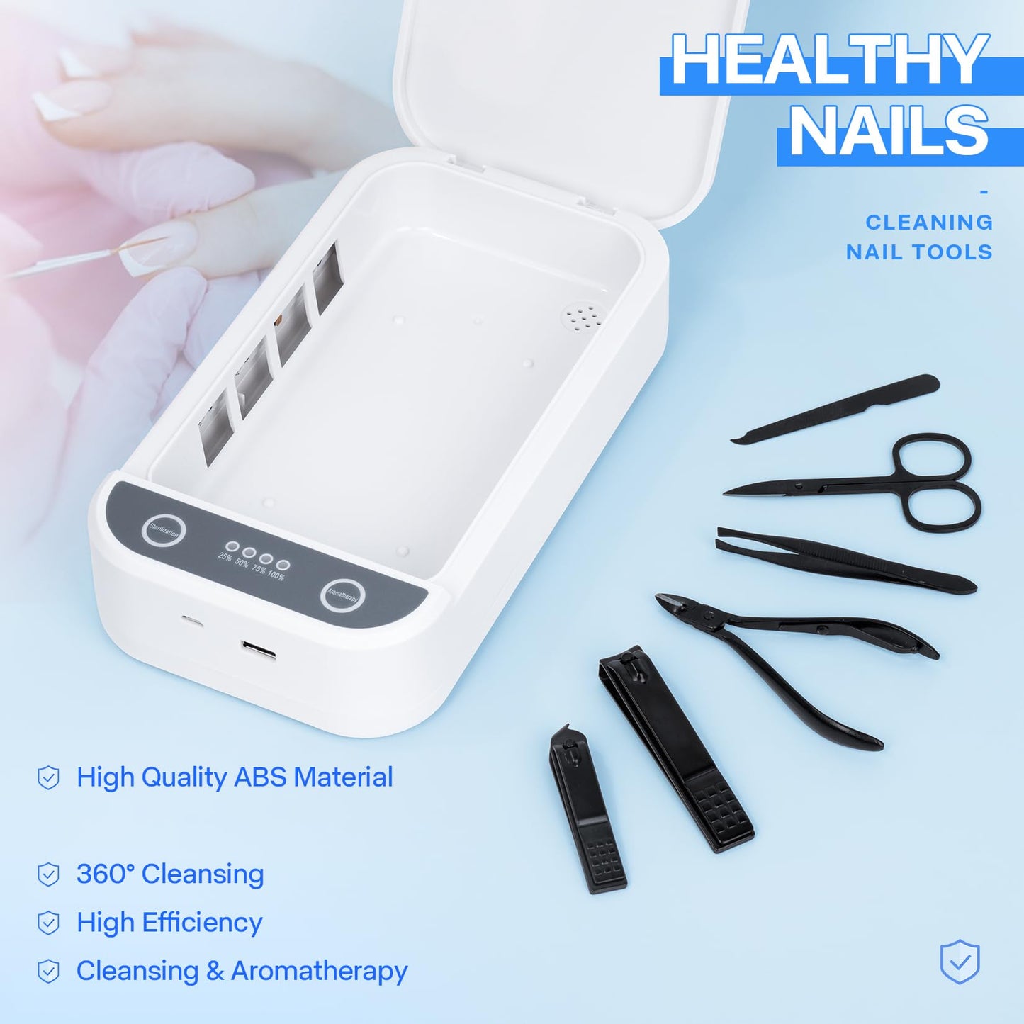 LXIANGN Nail Tool Cleaner with Blue Light,Portable USB Cleaner For Nail Tools Nail Cleaning Box Beauty Tool Cleaner Machine for for Nail Salon, Tweezers, Jewelry, Phone, Manicure Tools Cleaning