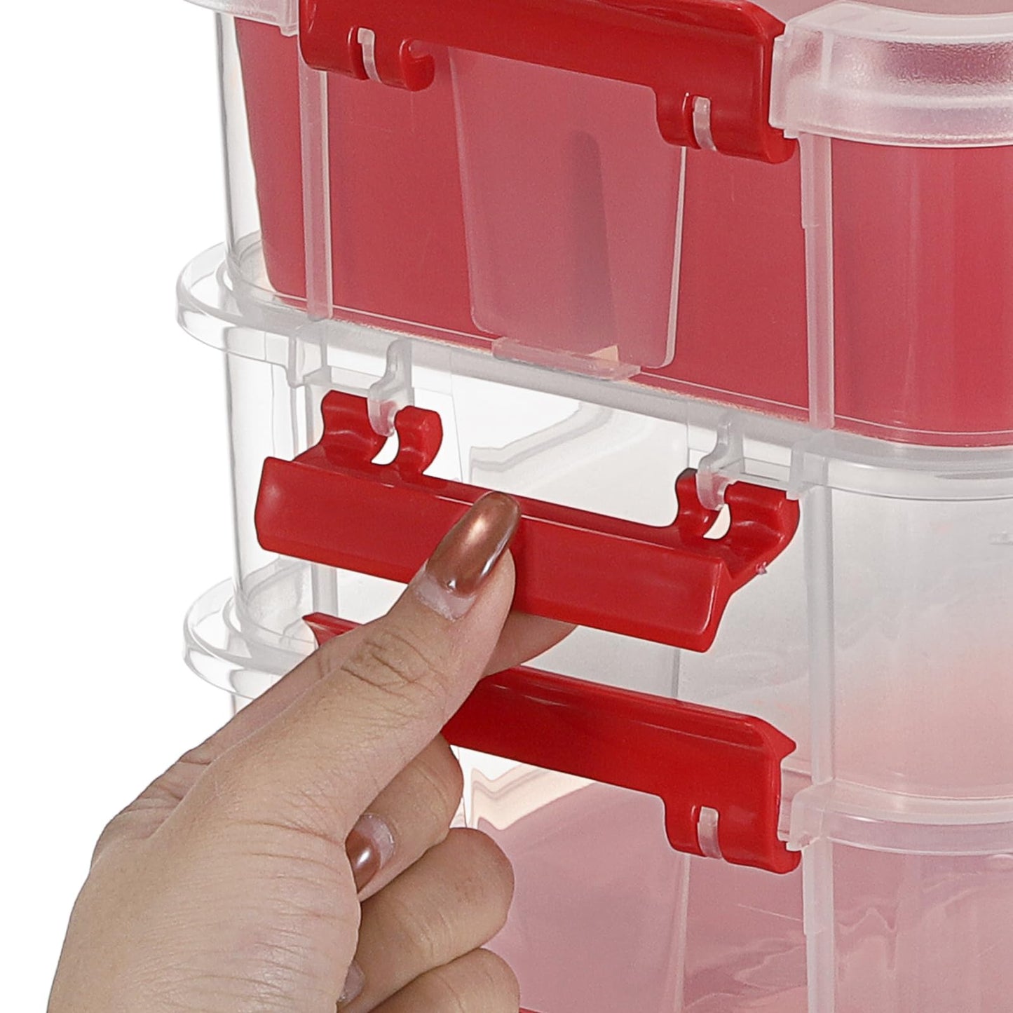 JUXYES 4-Tiers Stack Carry Storage Box With 2 Divided Tray, Transparent Stackable Storage Bin With Handle Lid Latching Storage Container for School & Office Supplies, Red