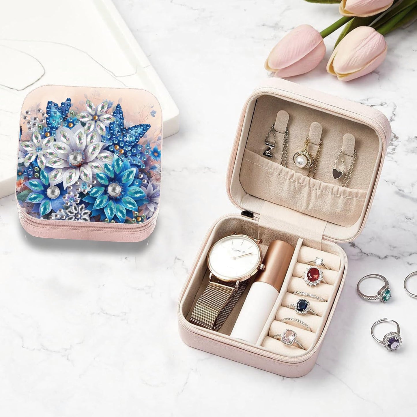 DDGYP 2 Pack Diamond Painting Jewelry Storage Box, Diamond Art Kits for Adults, PU Leather Portable Travel Small Jewelry Organizer Case 3.9×3.9×2 Inch