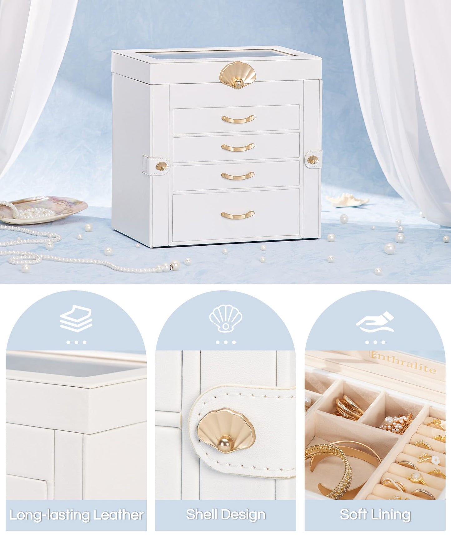 Enthralite Jewelry Box with 4 Drawers : Jewelry Display Organizer for Earrings Necklaces - Gift for Girls Women | White