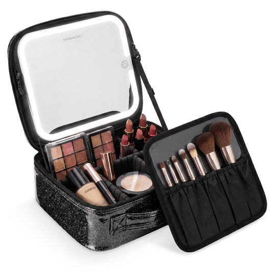 Fanwoli Makeup Bag with LED Mirror - Portable Backstage Vanity Station for Competitions, Lighted Cosmetic Case for Stage Performance, 3 Light Modes, Adjustable Dividers,Type-C Rechargeable