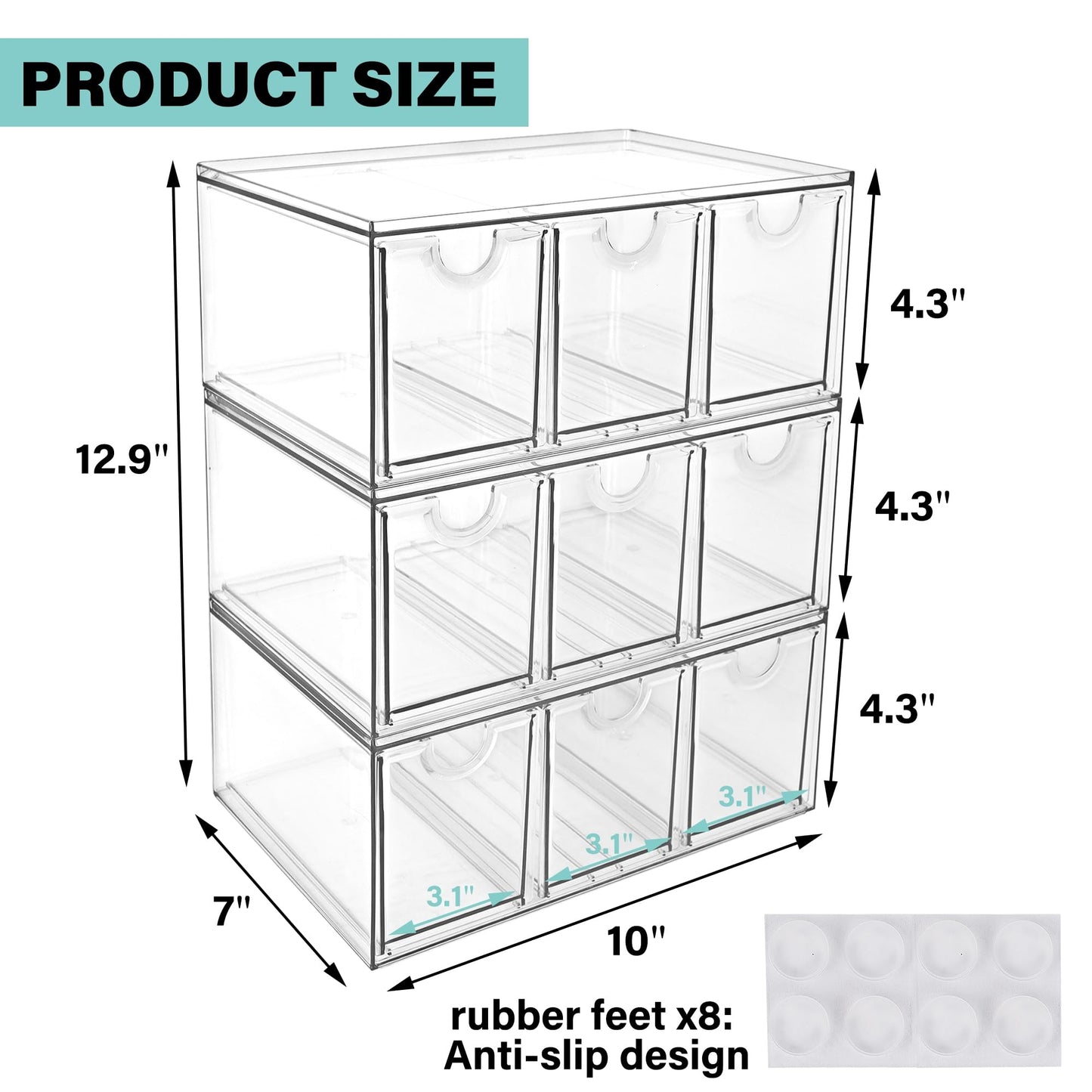 Prsildan Acrylic Makeup Organizer, 3 Pack Stackable Storage Drawers with 9 Drawers for Office Desk Vanity Craft Room Clear Drawer Organizers for Hair Accessories Art Supplies Cosmetics Modular System