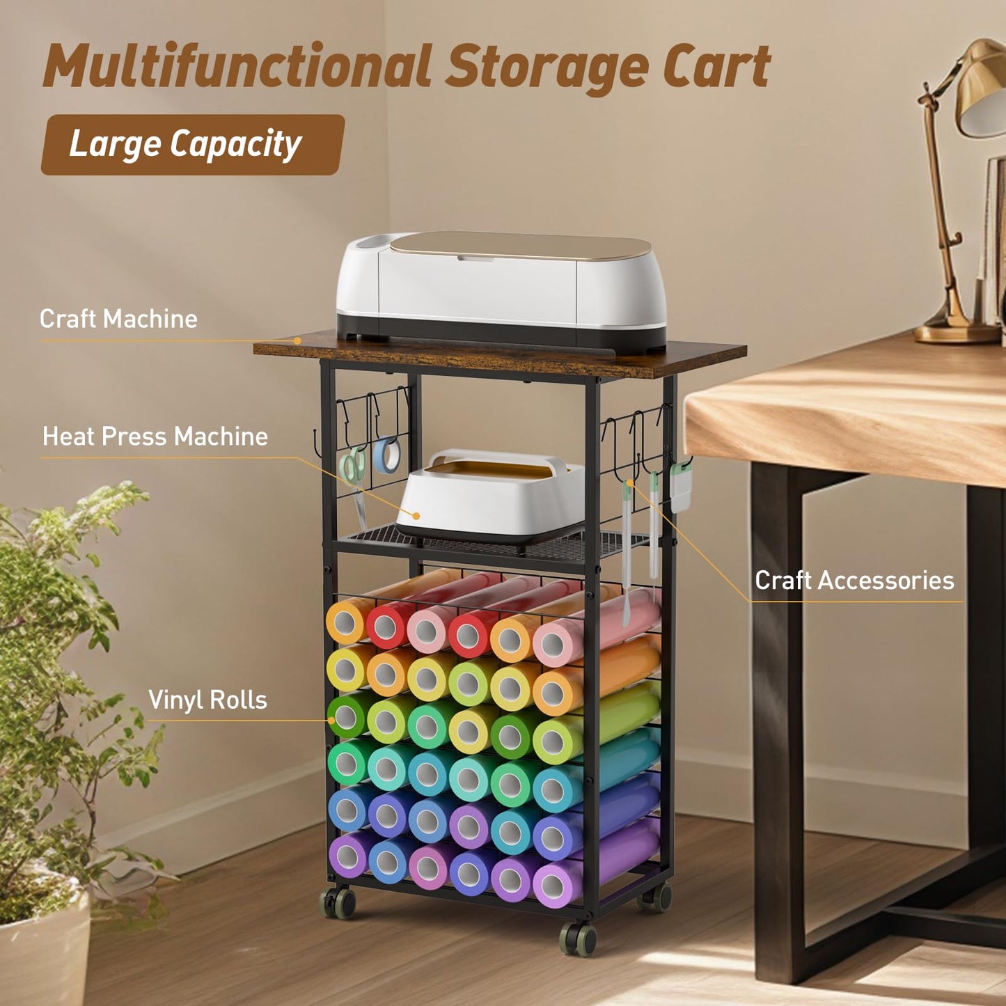 ikkle Rolling Craft Storage Cart with 36 Vinyl Roll Holders, Craft Organizers and Storage Compatible with Cricut Machines, Crafting Table Organization Workstation with Wheels for Craft Room