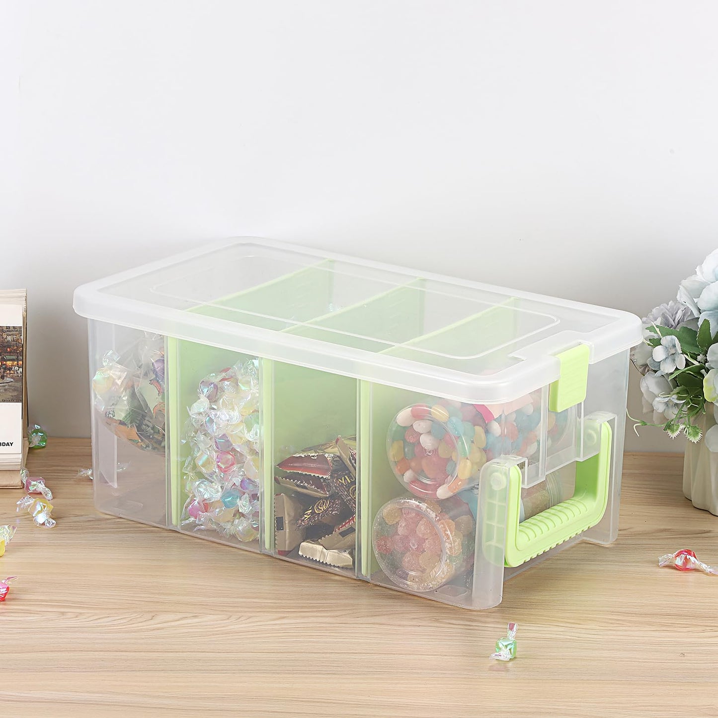 BTSKY Clear Plastic Dividing Storage Box with 4 Deep Compartments Adjustable Storage Bin with Lid Portable Craft Container Multipurpose Sewing Box Art Supply Organizer, 13.9x7.9x6.2 Inches, Green