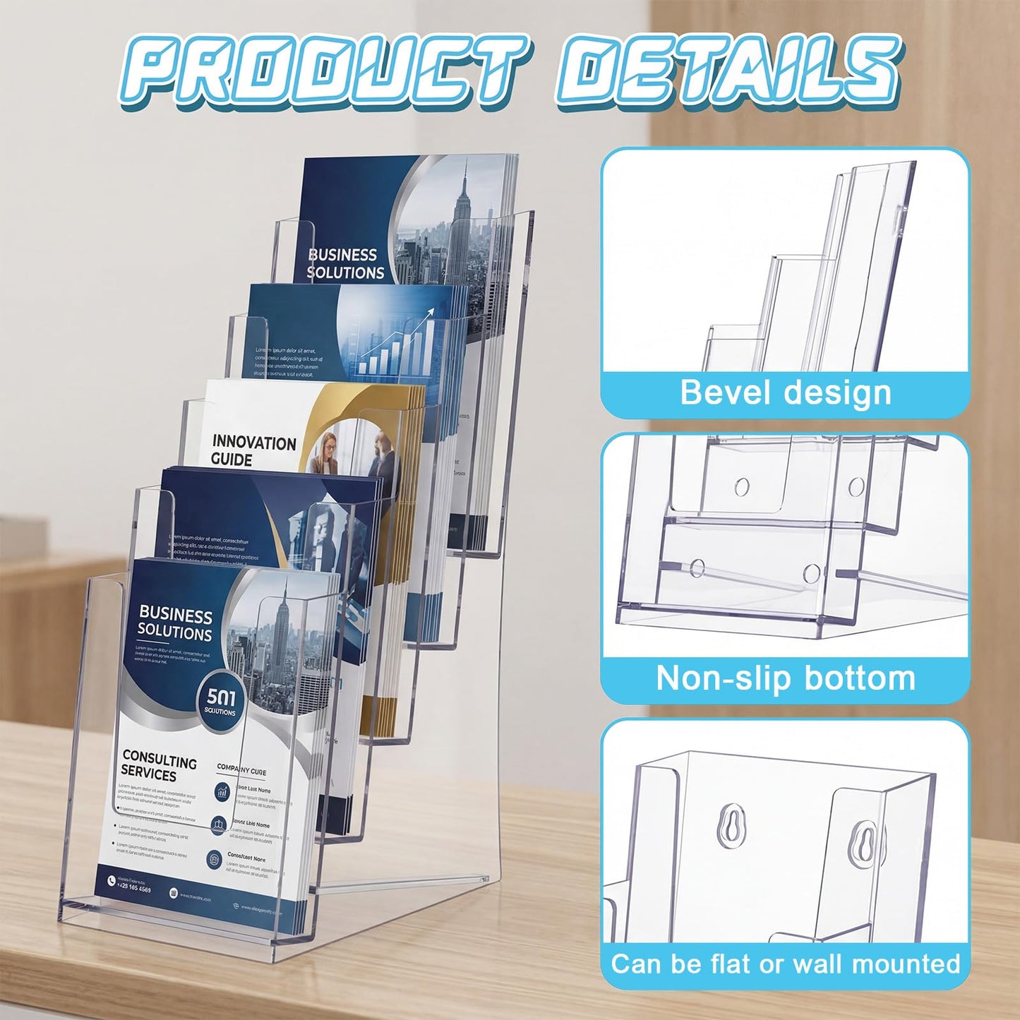 ForraFun 4 Pcs 5 Tier Acrylic Brochure Holder, 4 Inch Clear Brochure Display Stand Multi Pocket Pamphlet Holder Literature Rack Organizer Wall Mount or Countertop