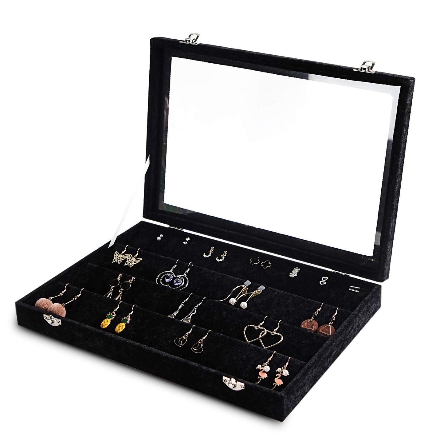 Frebeauty Earring Organizer Tray with Clear Lid 64 Slots Velvet Drawer Insert Earring Storage box with Transparent Glass lid Jewelry Display Case with lock Gifts for Women (Black, Earrings)