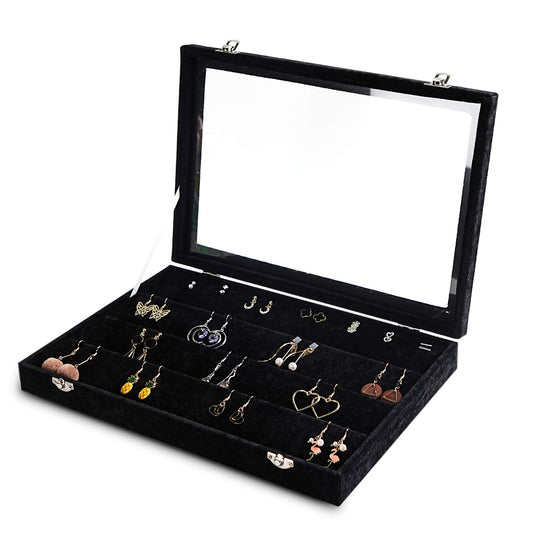 Frebeauty Earring Organizer Tray with Clear Lid 64 Slots Velvet Drawer Insert Earring Storage box with Transparent Glass lid Jewelry Display Case with lock Gifts for Women (Black, Earrings)