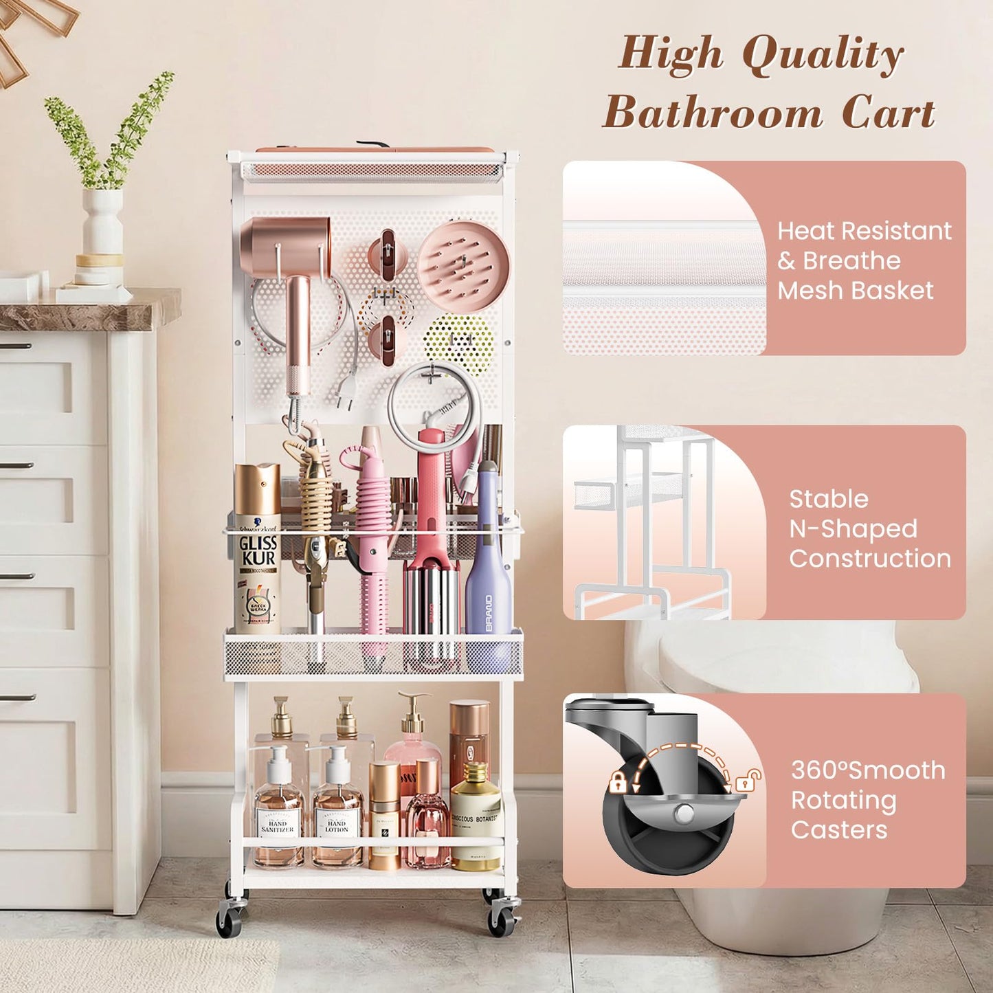 Hair Tool Organizer Cart with Hair Dryer Holder, Narrow Bathroom Storage Cart for Curling Flat Iron & Hot Tools, Slim Hair Appliance Organizer for Vanity Styling Tools, Salon Cart with Tray on Wheels