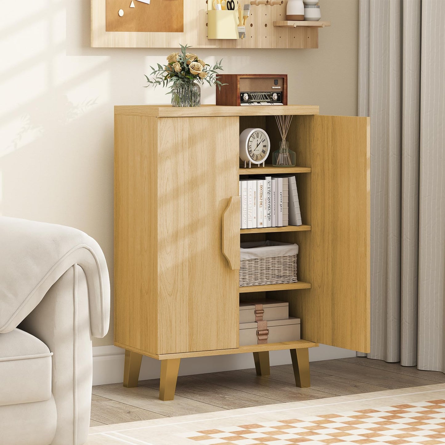 LOKO 2-Door Buffet Cabinet, Modern Storage Cabinet with 3 Detachable Shelves, Exquisite Handles, Raised Legs, Freestanding Sideboard for Kitchen, Pantry, Dining Room, Living Room, Natural