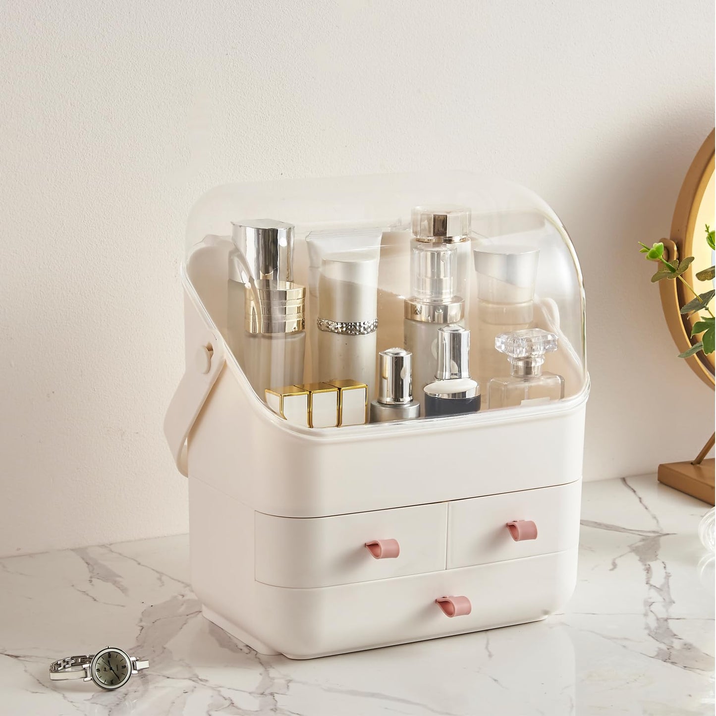 Large Makeup Organizer w Drawers Beauty Organizer Makeup Box Holder Vanity Organization Desk Countertop MakeUp Organizers Bathroom Counter Organizer Skincare Cosmetic Case Stand Dustproof Lid Gift