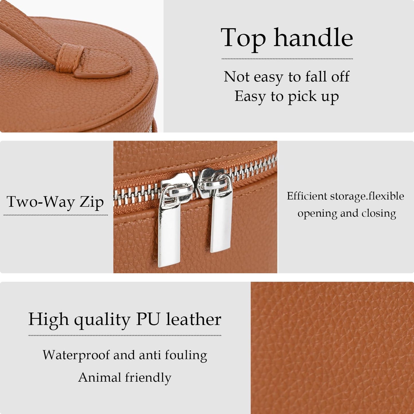 IEMIEBOAMGNOY Leather Makeup Bag Organizer with Compartments - Standing Travel Cosmetic Bag for Women, Waterproof Vanity Case with Detachable Divider, Brown Portable Toiletry Bag